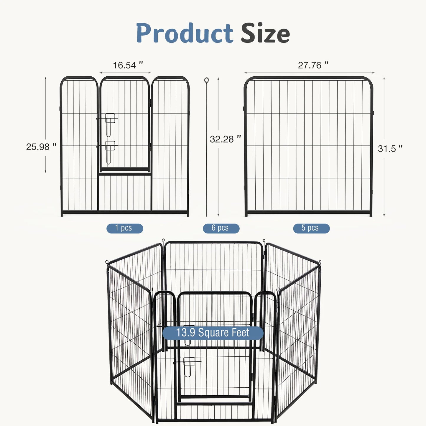 JHK 6 Panel Foldable Metal Dog Playpen Indoor Outdoor Pet Fence