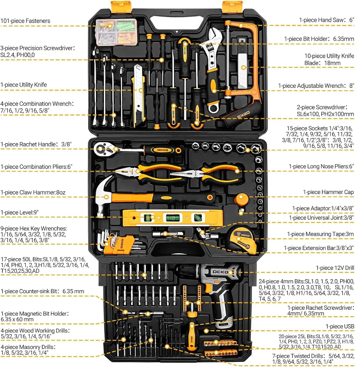 DEKODIY 12V Cordless Drill Tool Set With Toolbox Organizer Case