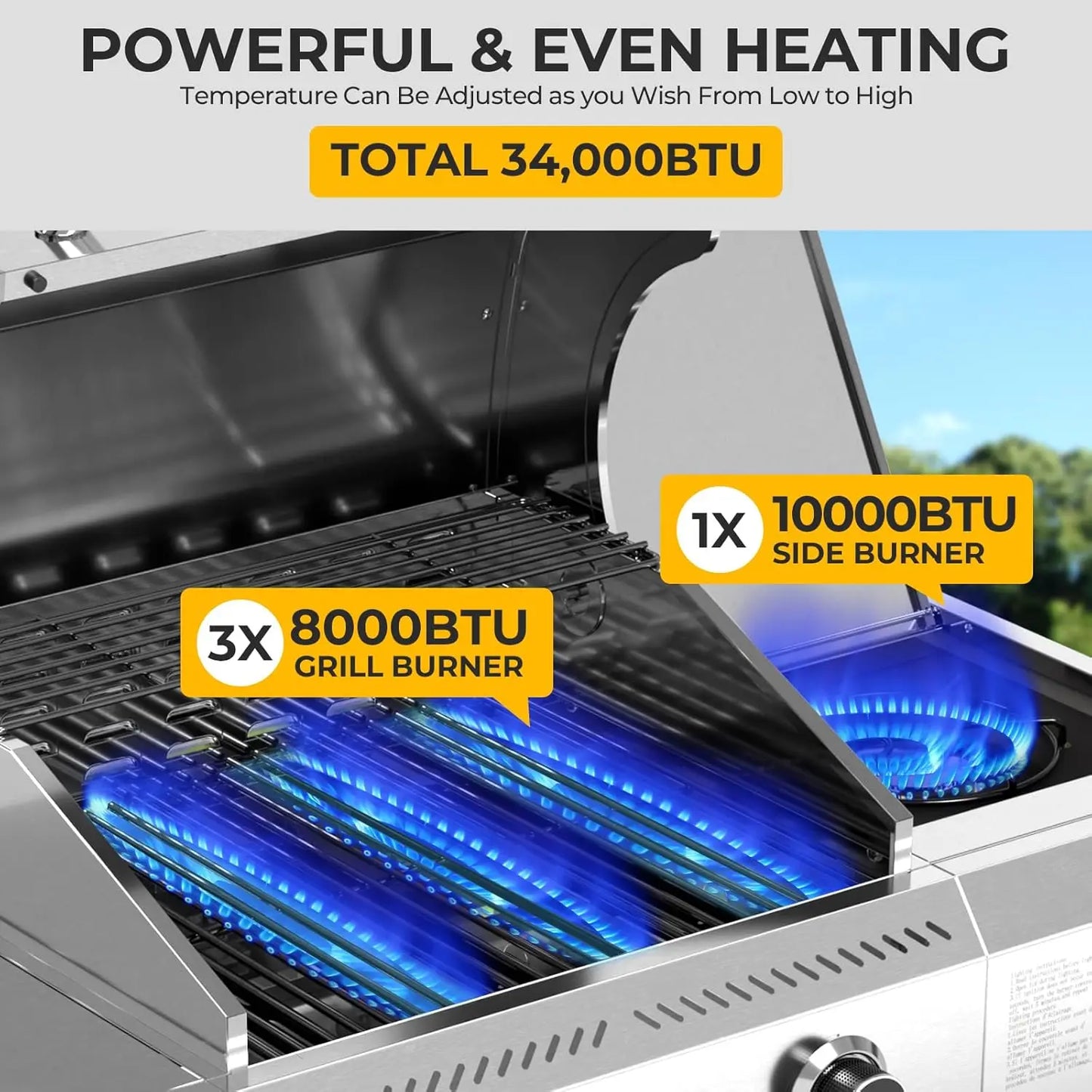 Outdoor Propane Grill 34000 BTU Three Burners Side Burner Stainless