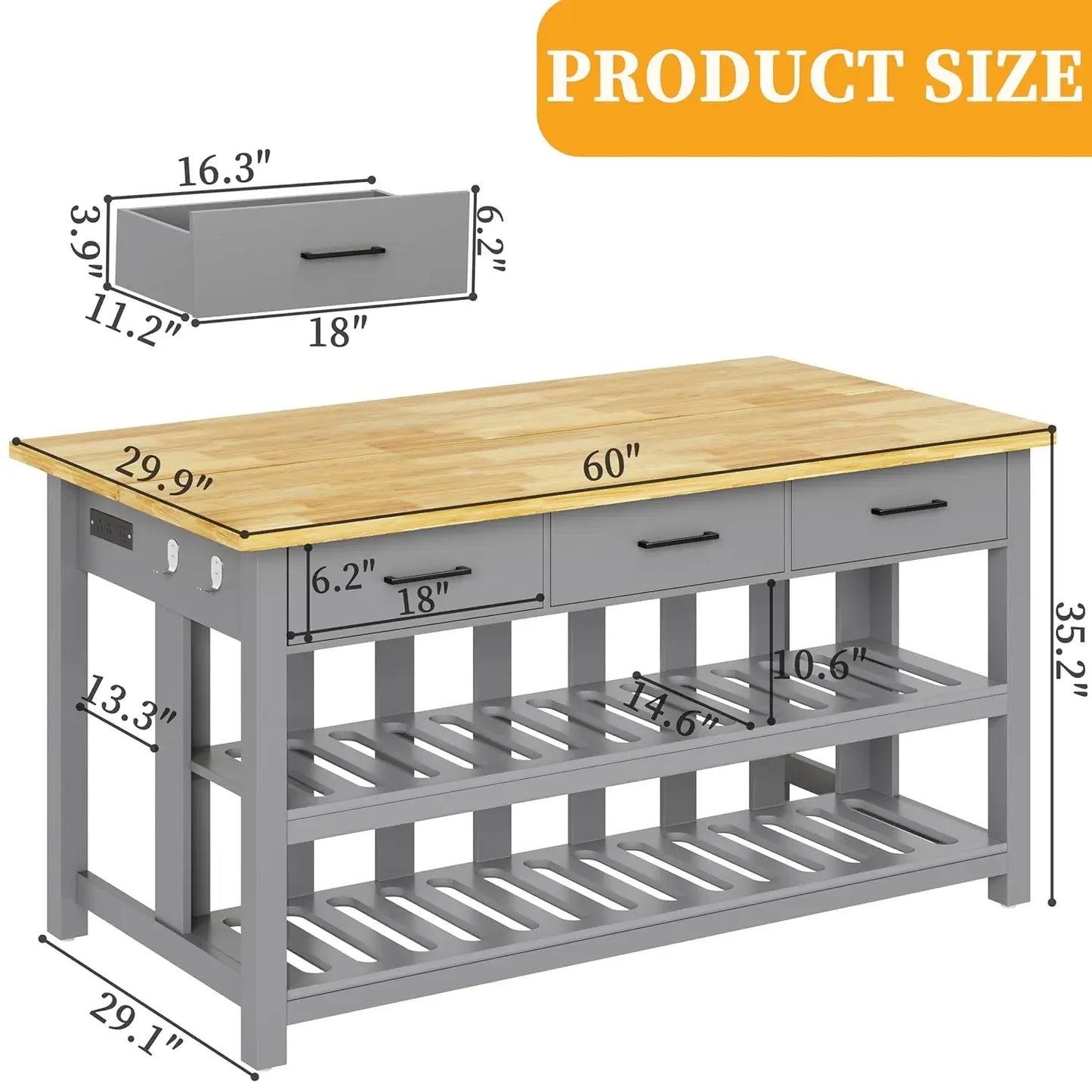 Solid Rubberwood Kitchen Island With Power Outlets 3 Drawers