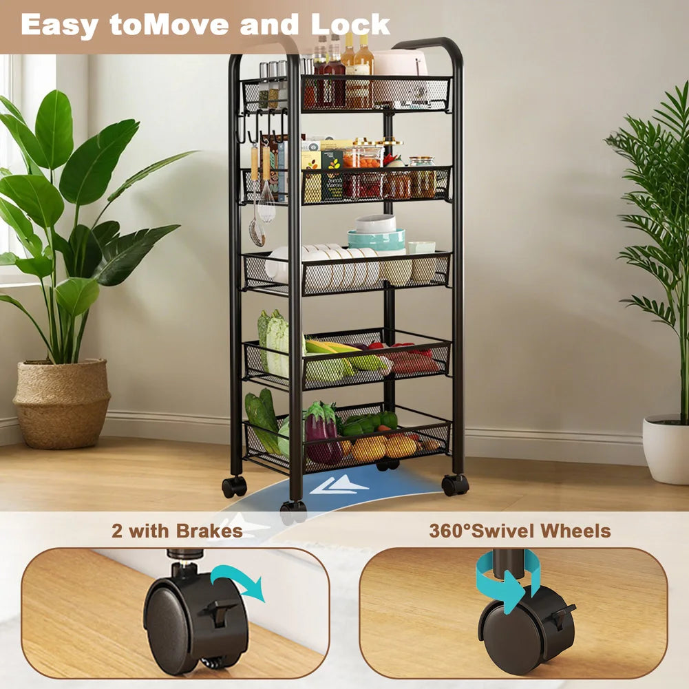 HiMISS 5 Tier Rolling Storage Organizer With Wheels Mobile Cart