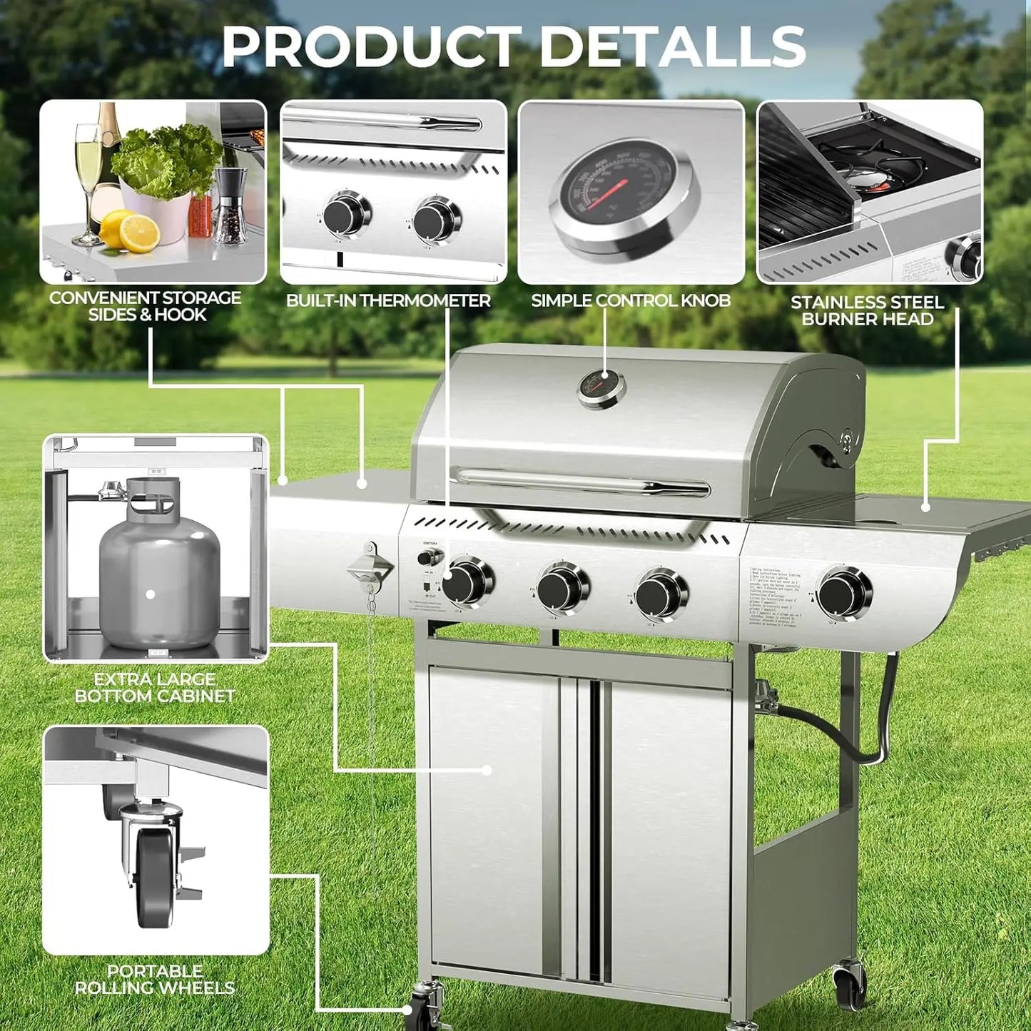 Outdoor Propane Grill 34000 BTU Three Burners Side Burner Stainless