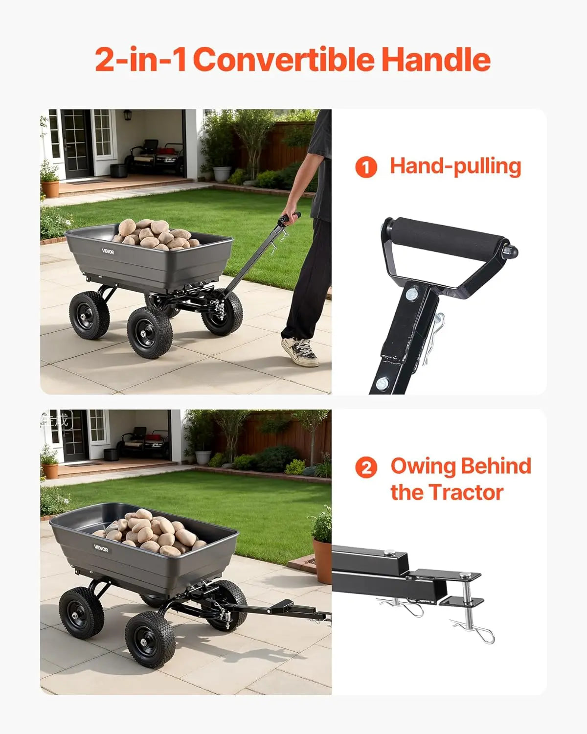 Poly Garden Cart Dump Wheelbarrow Heavy Duty 2-In-1 Handle