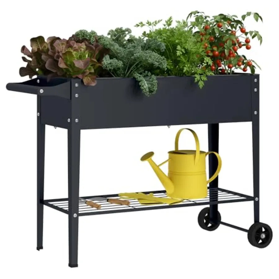 Raised Garden Bed With Wheel Planter Box For Outdoor Garden Patio