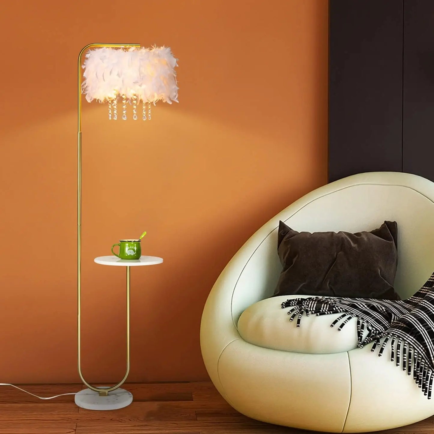 XMSJ Led Ostrich Feather Floor Lamp Tray Arc Metal Finish