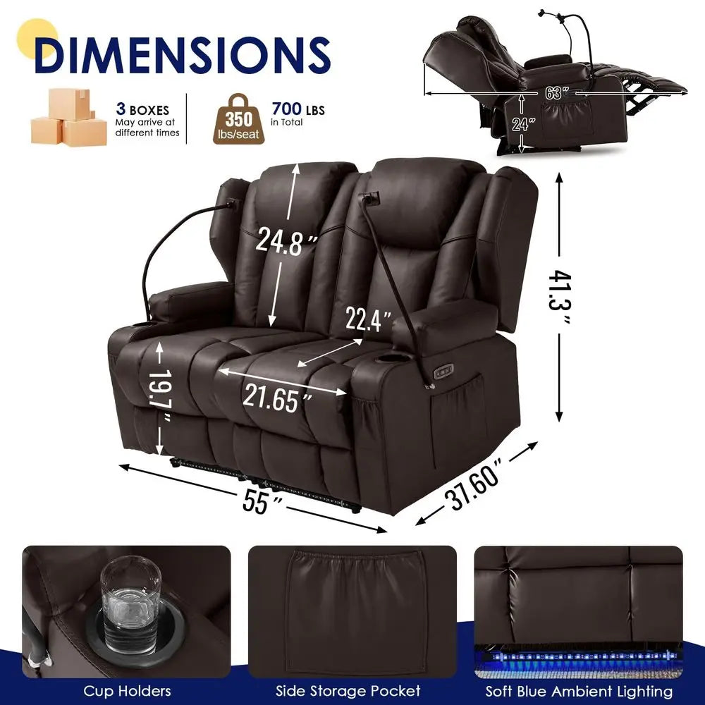 Power Reclining Dual Loveseat Sofa PU Leather With USB Ports