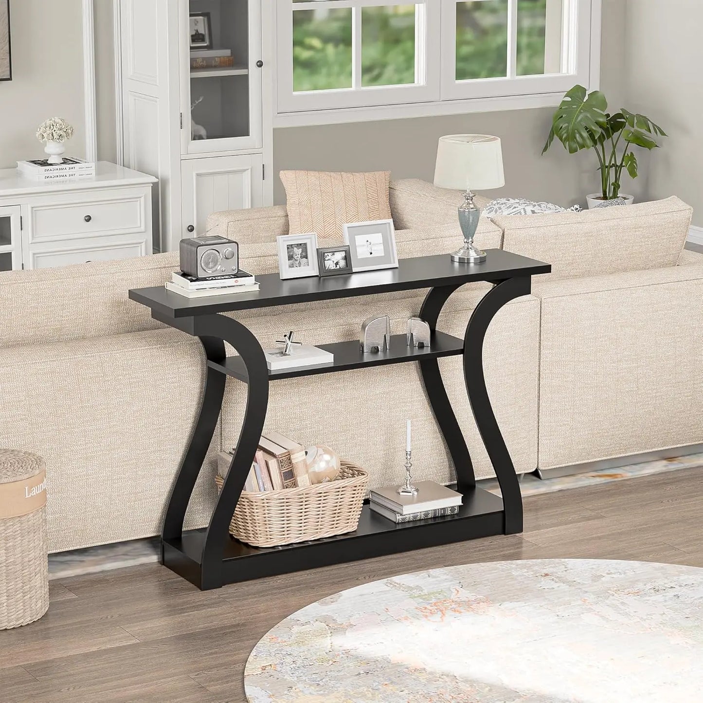 Console Table With 3 Tier Storage Shelves For Entryway