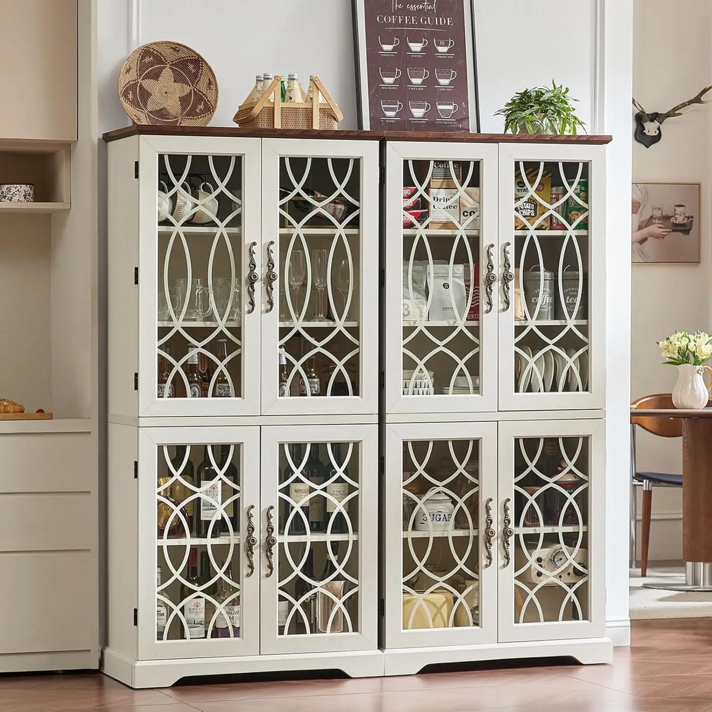 HUANZHUANG Vintage Wood Pantry Cabinet Set With Glass Doors