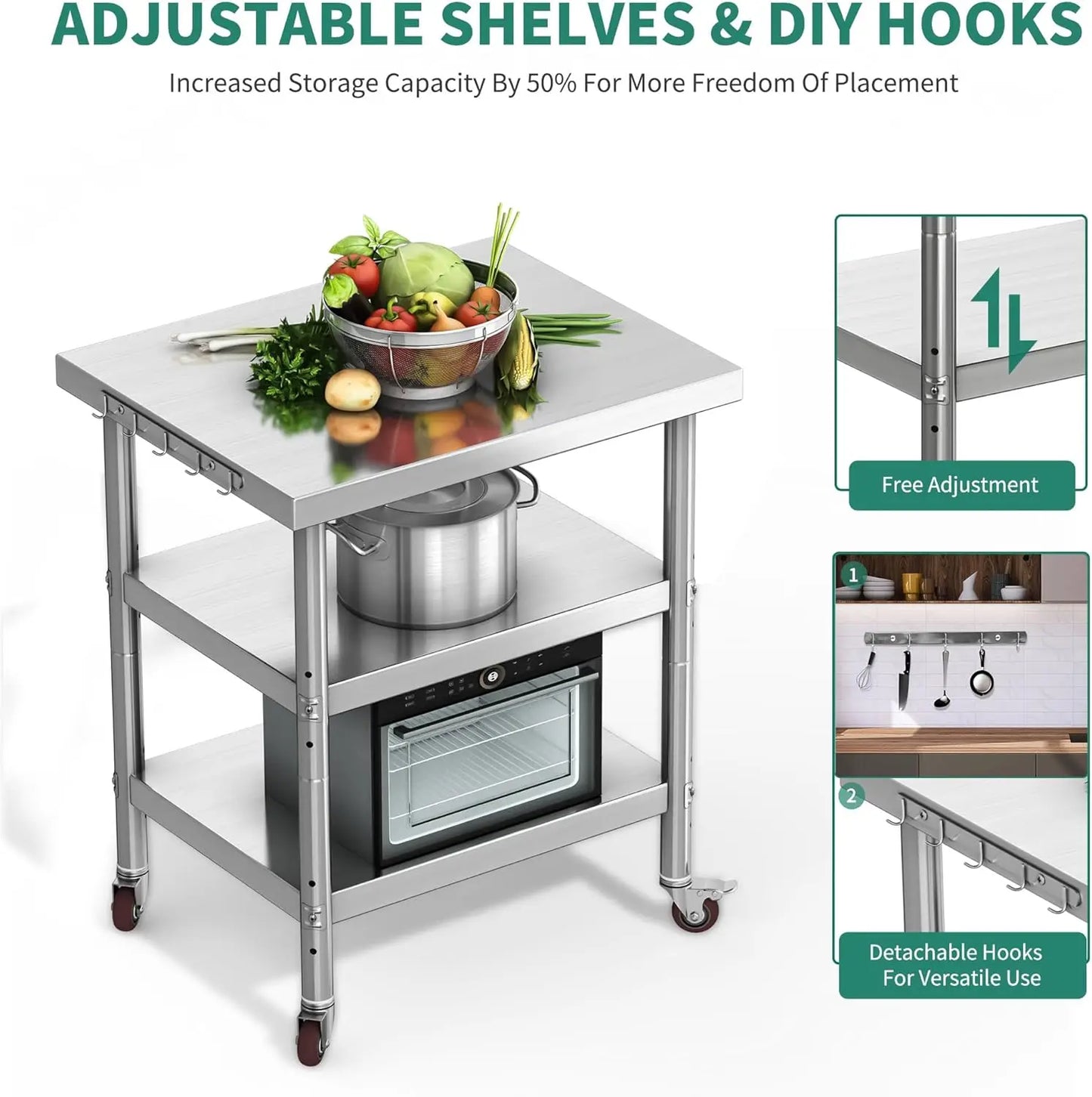 Stainless Steel Kitchen Work Table With Wheels And Three Shelves