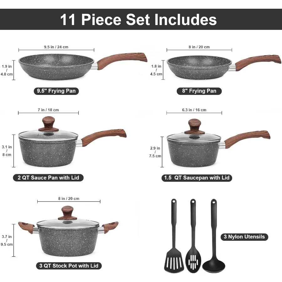 OLOEY Granite Non Stick Pots And Pans Set 11Piece Induction