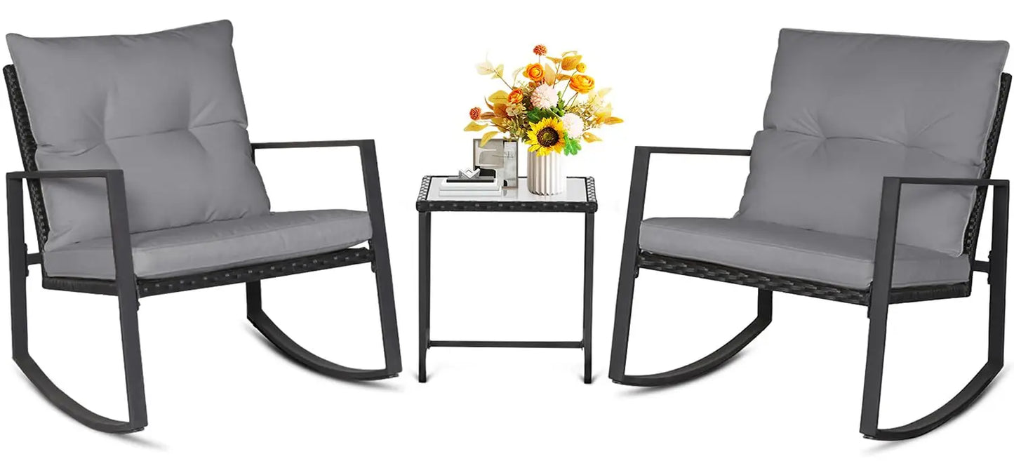 Outdoor Rocking Bistro Set Wicker Furniture With Glass Coffee Table
