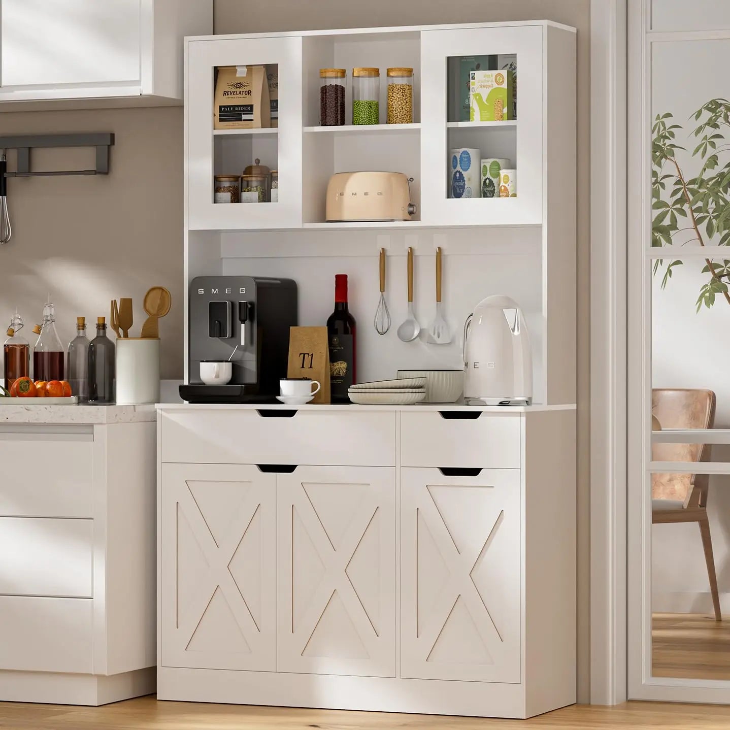 Pantry Cabinet Hutch With Built In Power Outlet And Adjustable Shelves