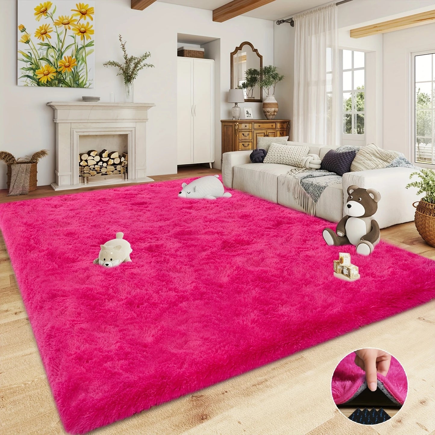 NONED Soft Shaggy Non Slip Rug Living Room And Bedroom