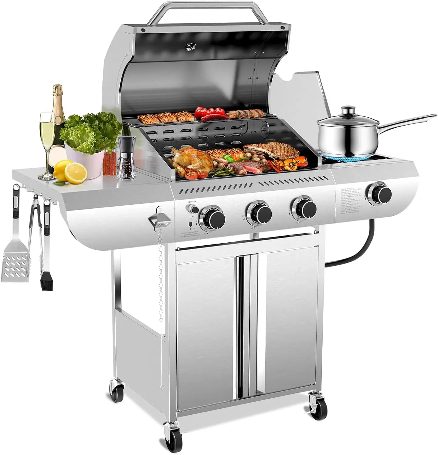 Outdoor Propane Grill 34000 BTU Three Burners Side Burner Stainless