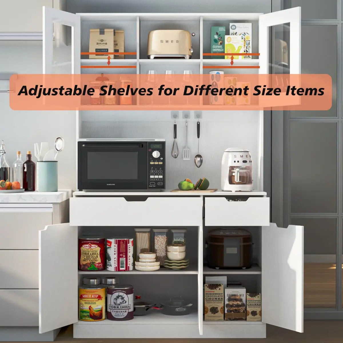 Pantry Cabinet Hutch With Built In Power Outlet And Adjustable Shelves