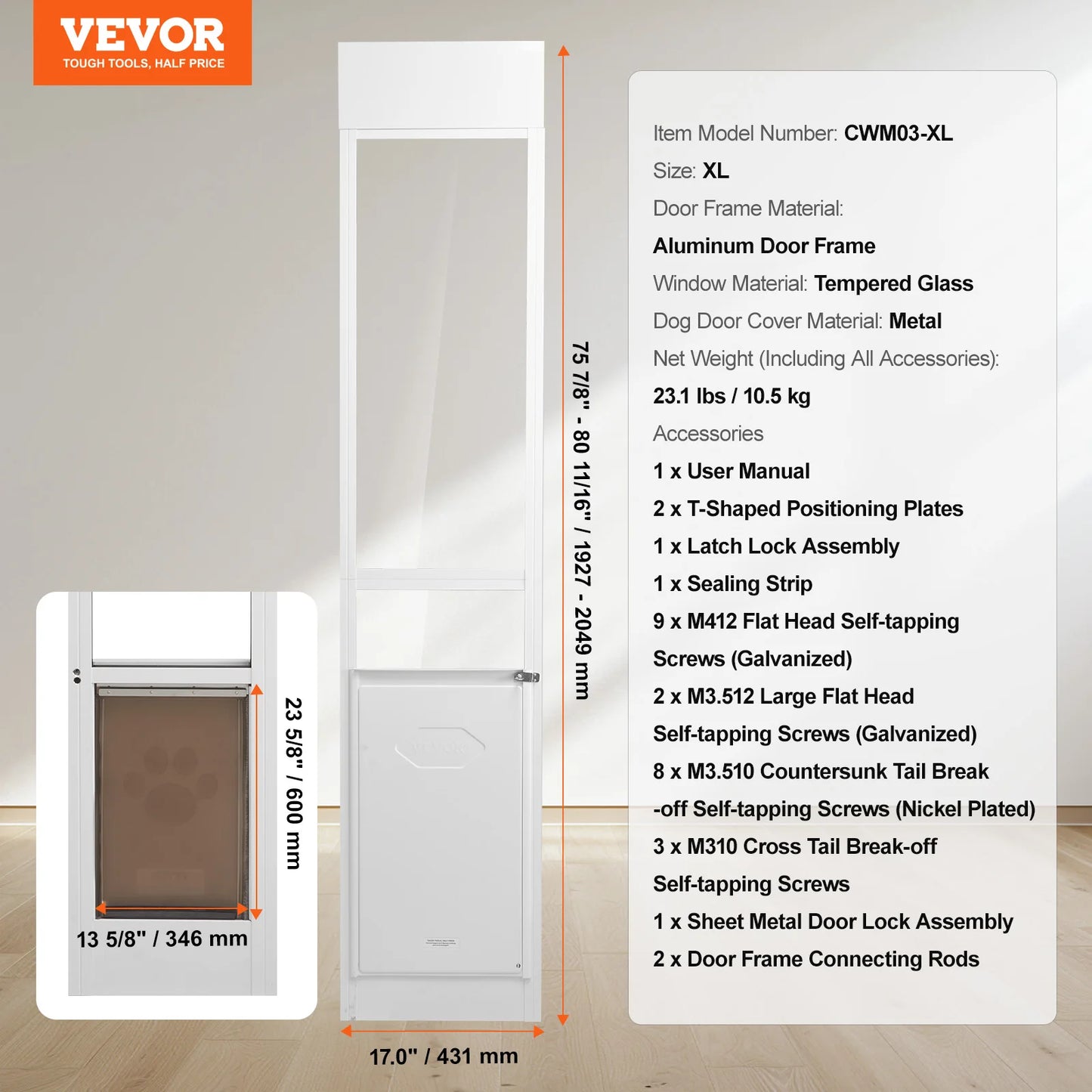 SucceBuy Adjustable Height Sliding Glass Dog Door With Aluminum Frame
