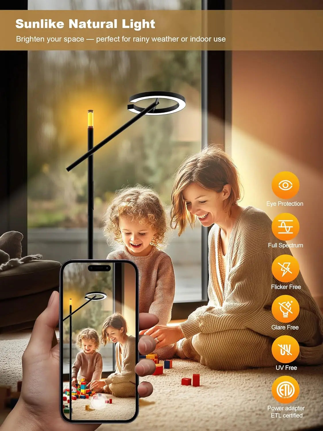 Smart Light Therapy Lamp 10000 Lux UV Free Sunlight Dimmable Floor Lamp