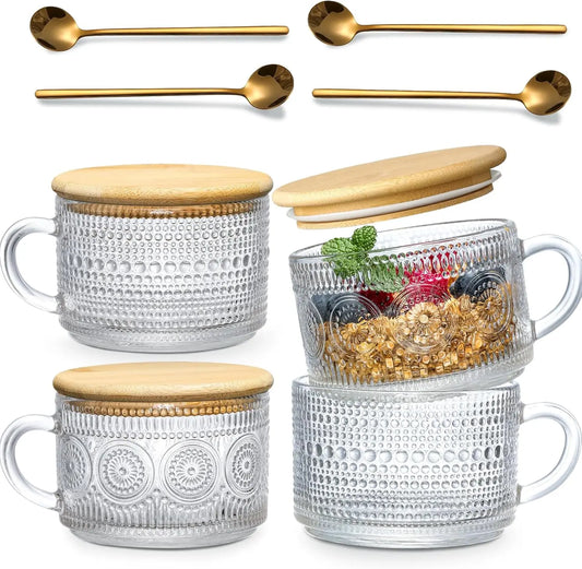 Glass Cup Set With Wooden Lids 4 Pieces Cappuccino