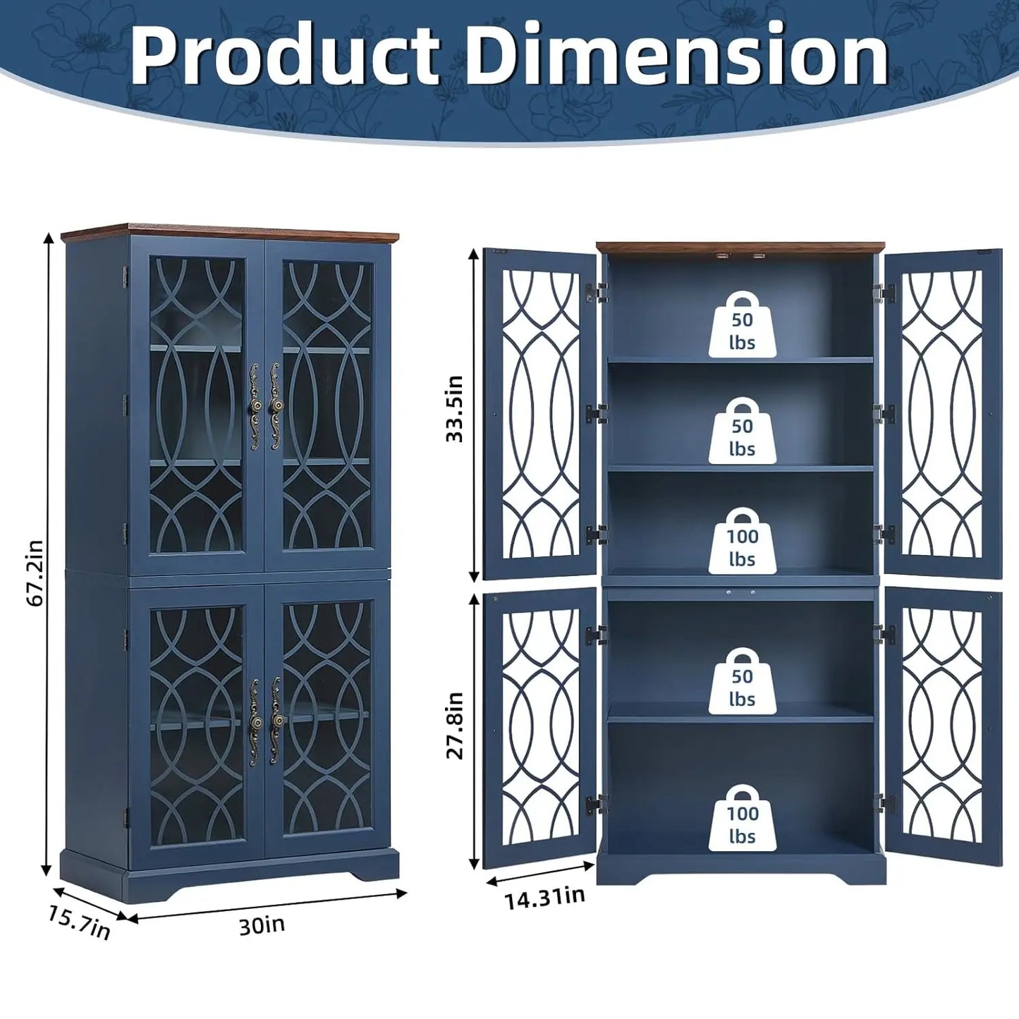 Kitchen Pantry Cabinet With Glass Doors And Adjustable Shelves