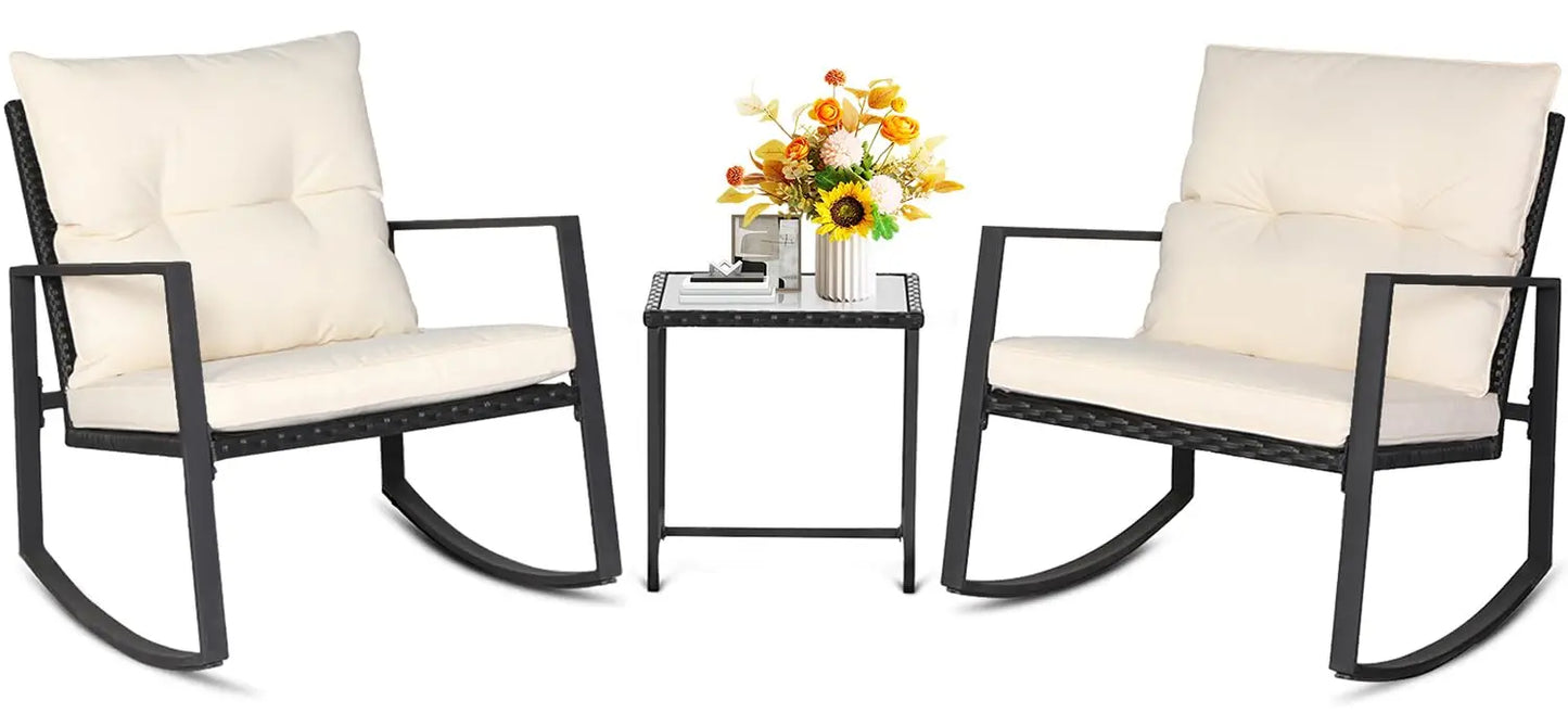 Outdoor Rocking Bistro Set Wicker Furniture With Glass Coffee Table