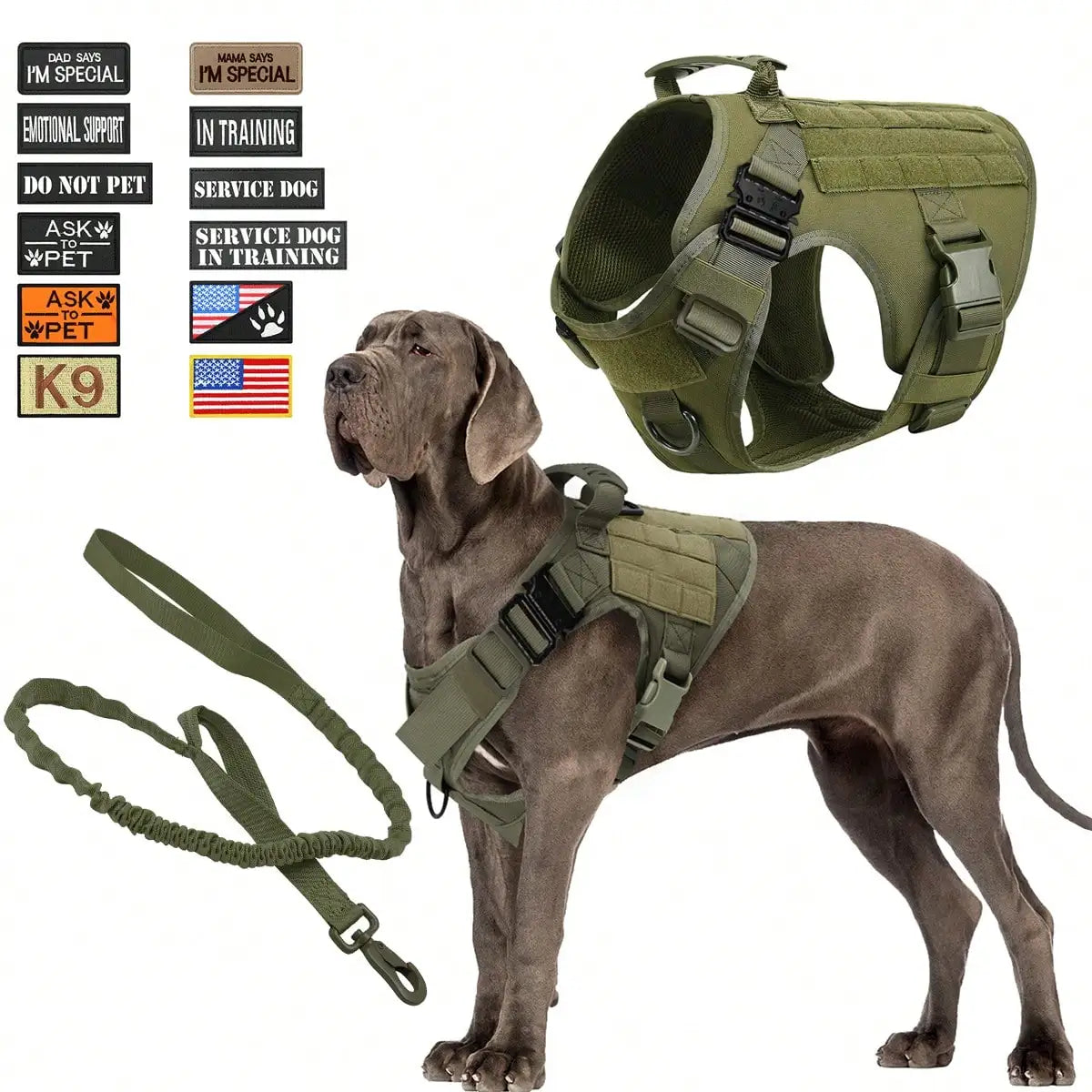 Waterproof Tactical Dog Harness Leash With 12 Patch Set