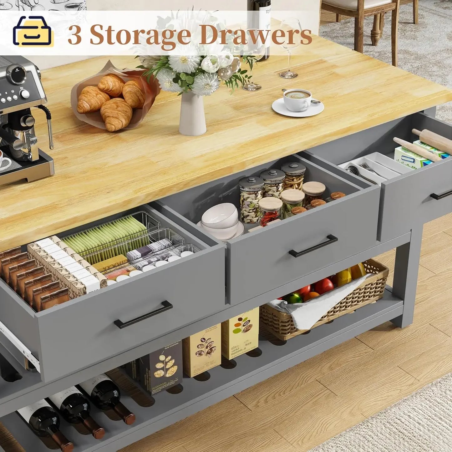 Solid Rubberwood Kitchen Island With Power Outlets Drawers Shelves