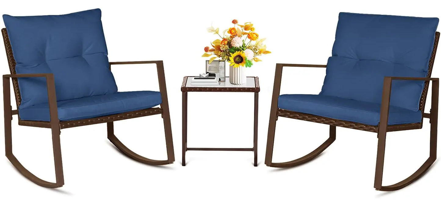 Outdoor Rocking Bistro Set Wicker Furniture With Glass Coffee Table