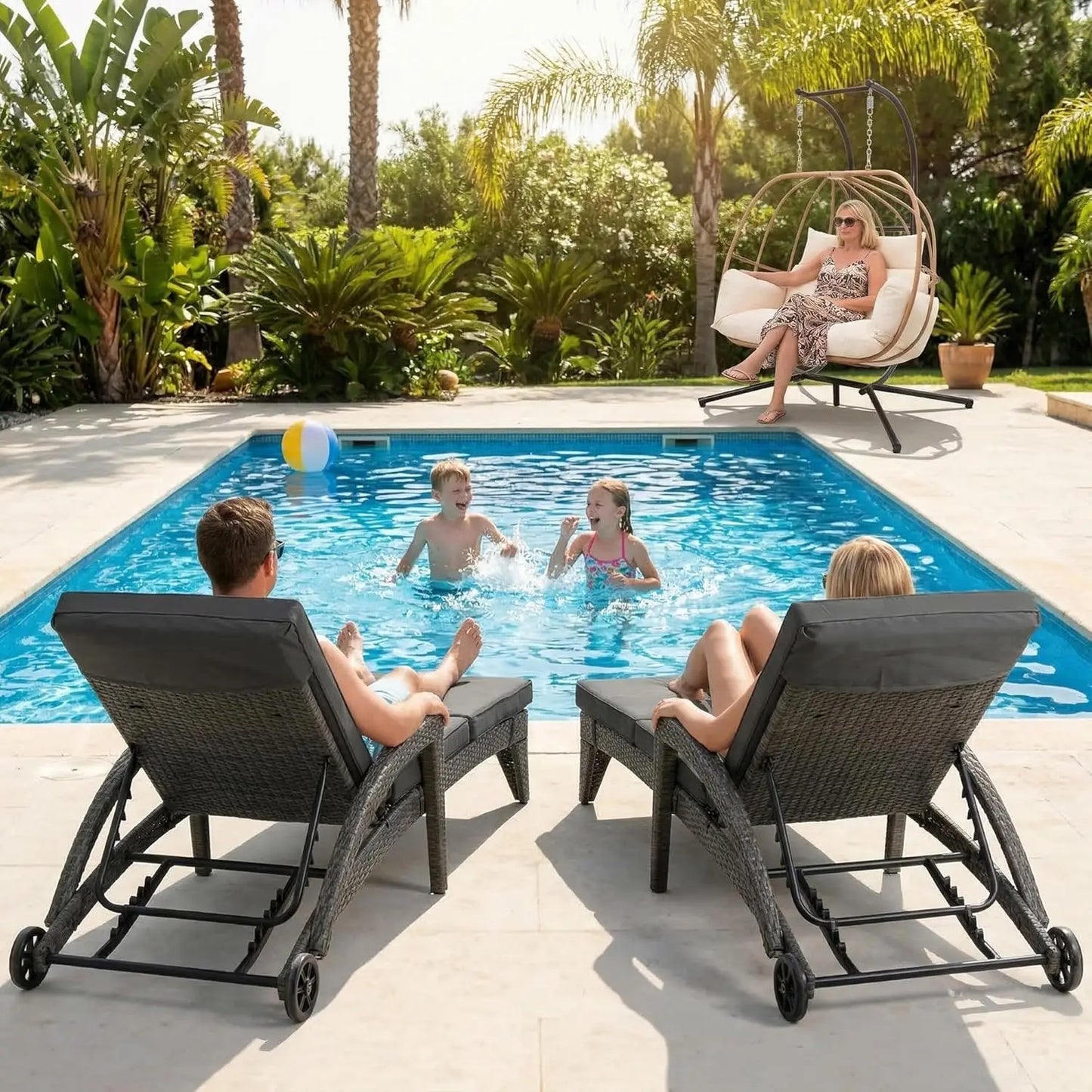 Adjustable Upholstered Chaise Lounge Set With Wicker Reclining Chairs