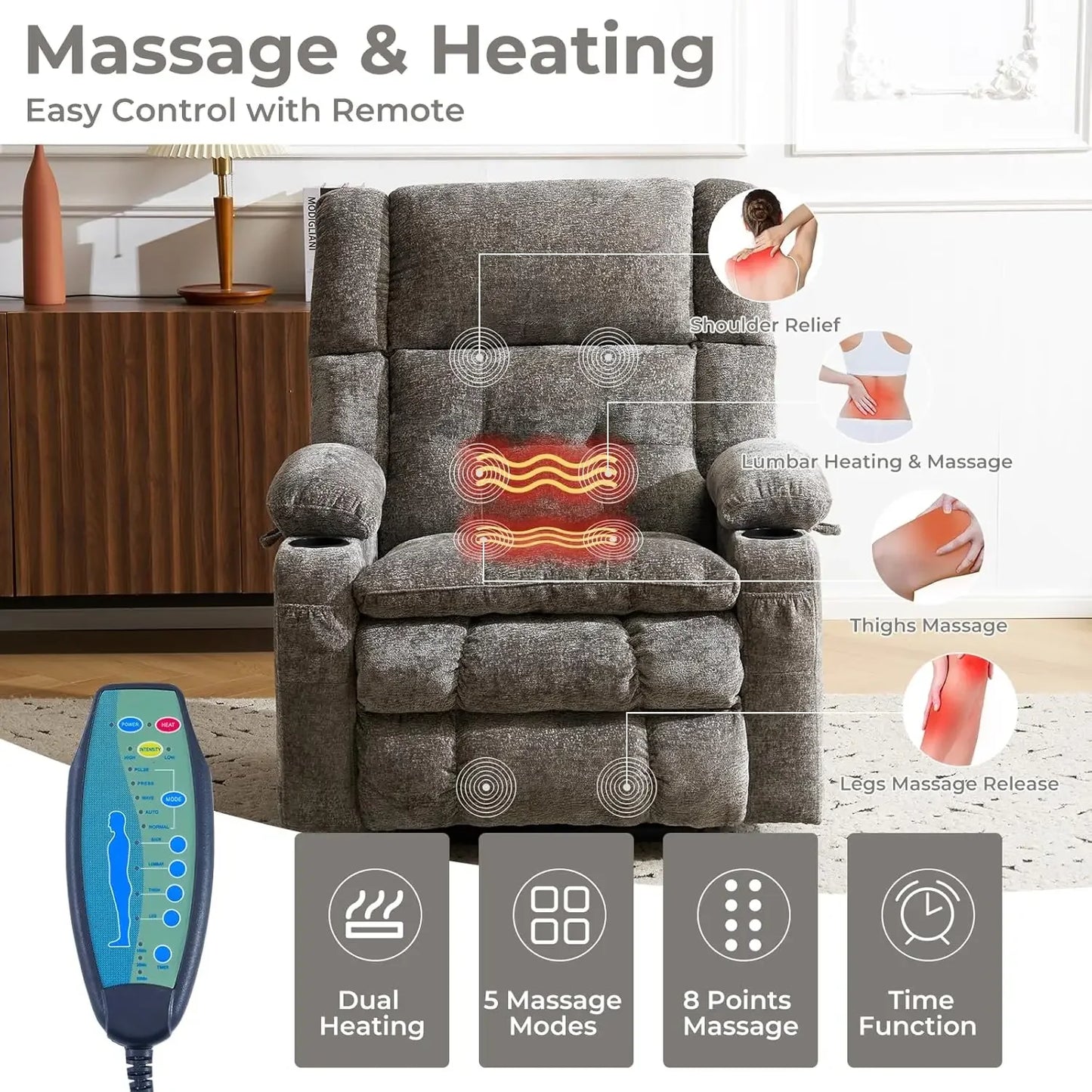 Dual Motor Lift Recliner With Massage And Heat Function