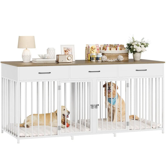HOSTACK Farmhouse Double Dog Crate With 3 Drawers Kennel