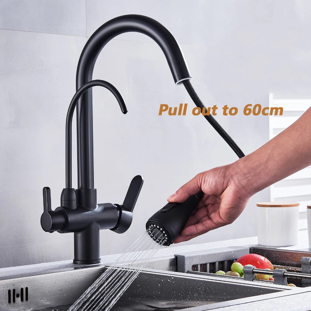 Onyzpily Dual Handle Black Deck Mounted Brass Kitchen Faucet With Touchless sensor
