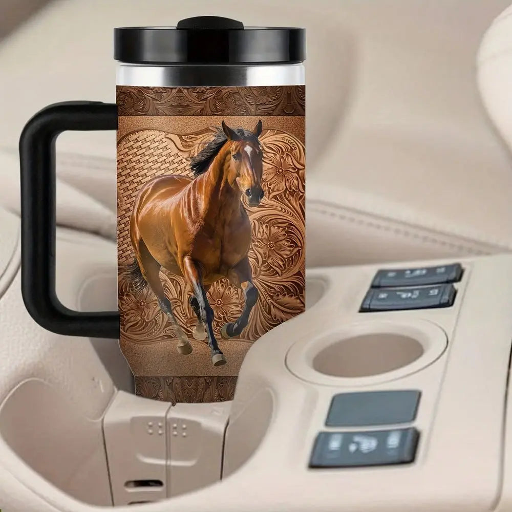 Horse Running Design Double Wall Insulated Cup Spill Proof Lid