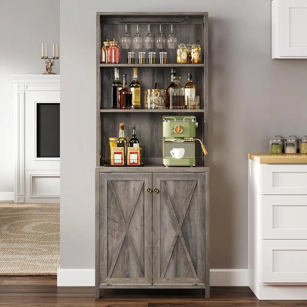 LuxeMerge Wine Bar Cabinet With Open Shelves And Glass Storage