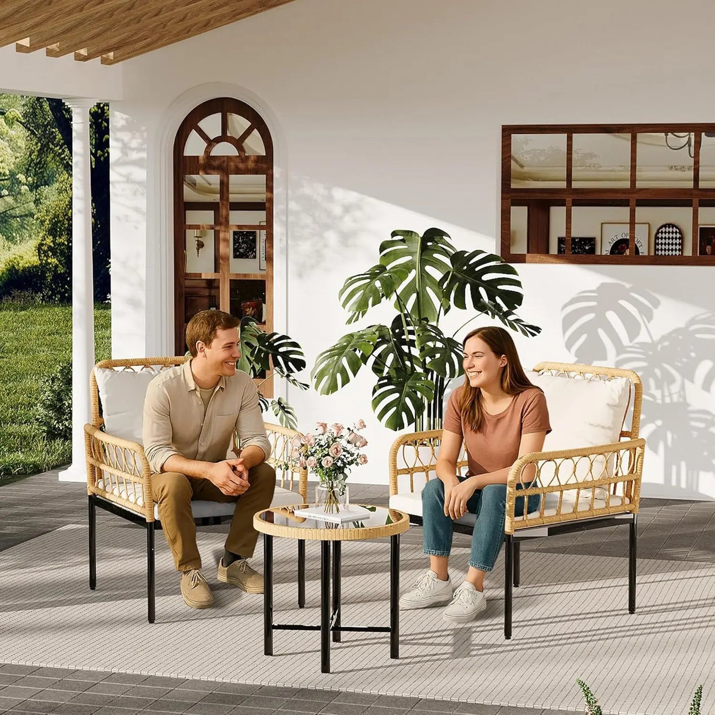 All-Weather Wicker Rattan Bistro Patio Furniture Set with Glass Table