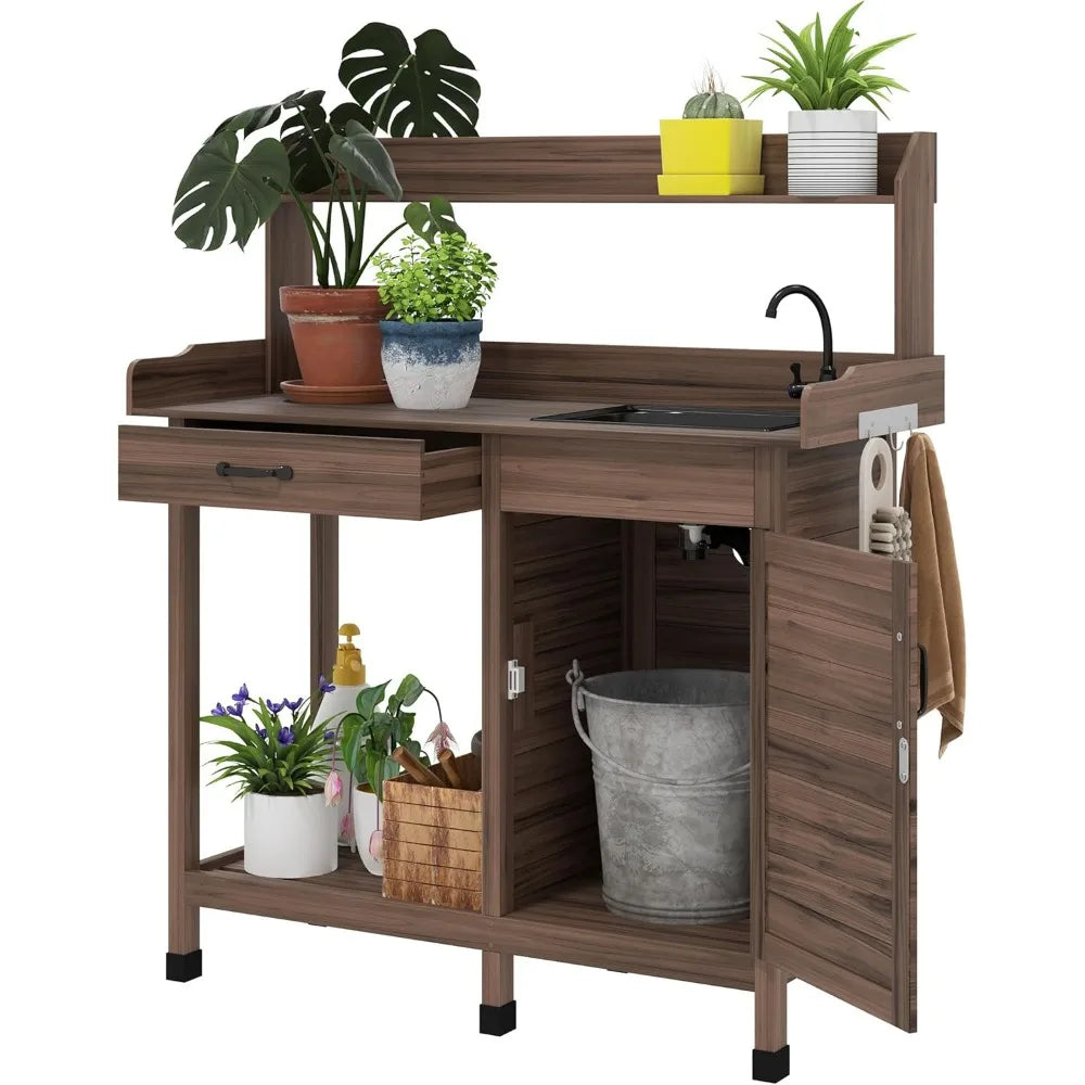 Potting Bench Table With Sink Outdoor Work Bench Storage Cabinet