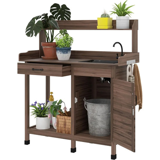Potting Bench Table With Sink Outdoor Work Bench Storage Cabinet