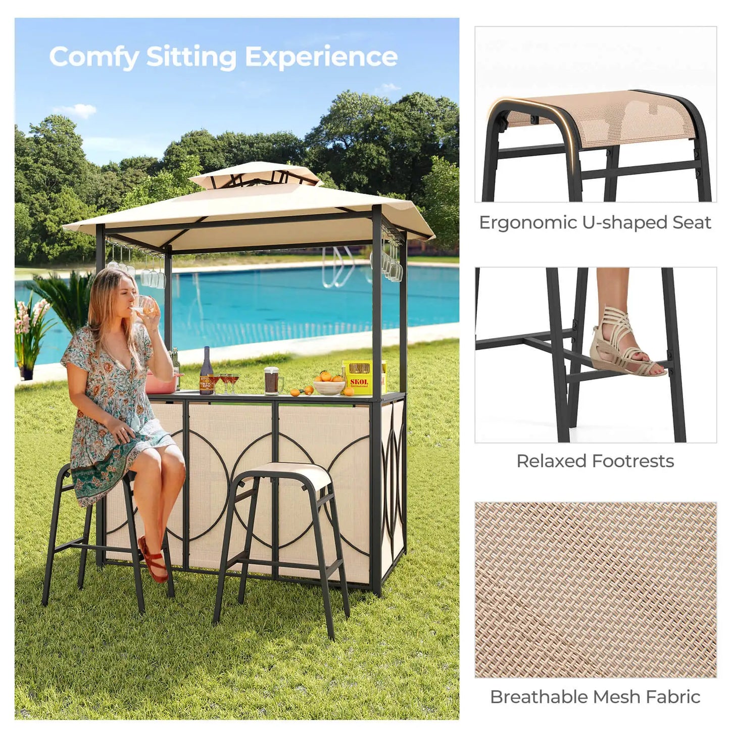 HOMASIS 3 Piece Patio Bar Set With Tempered Glass Table And Shelves