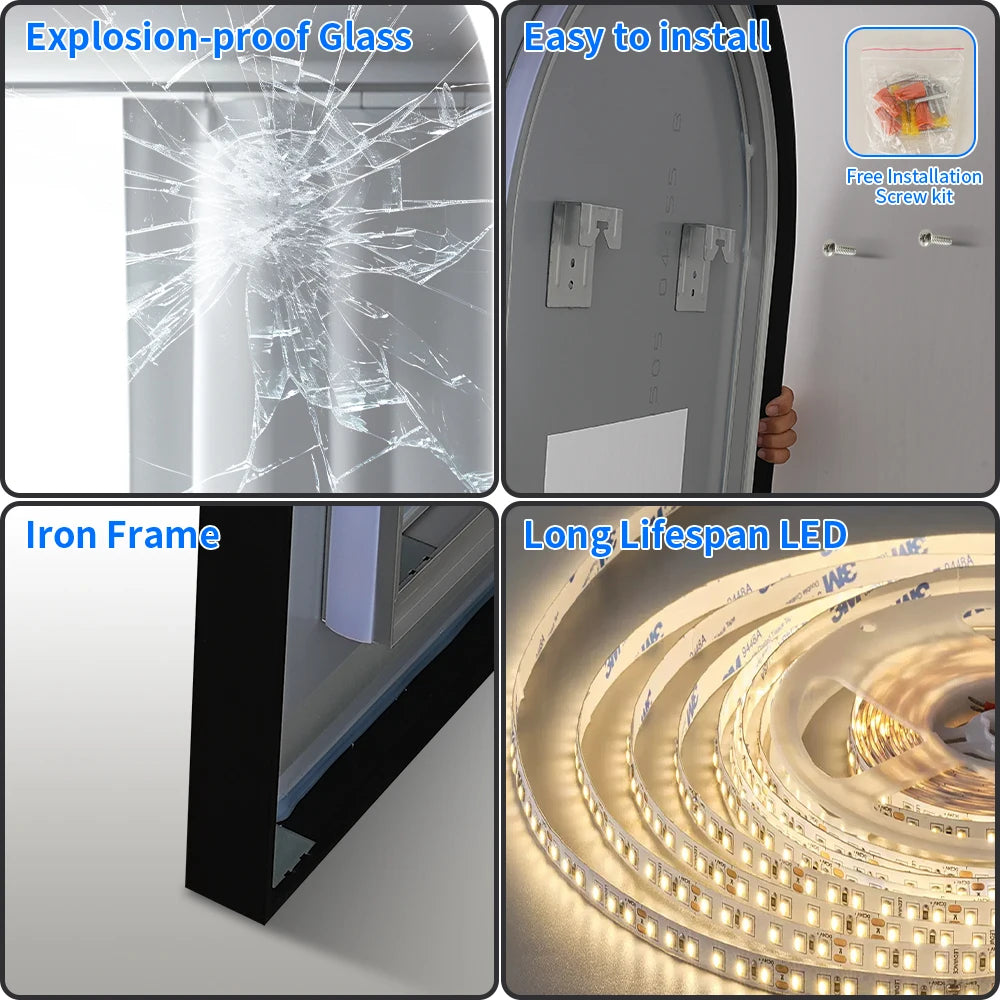 Arched LED Bathroom Mirror Anti Fog Wall Mounted Vanity Lighted