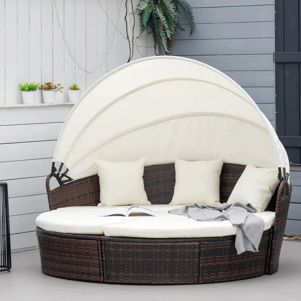 Outdoor Round Convertible Daybed Set With Cushions And Canopy In PE Rattan