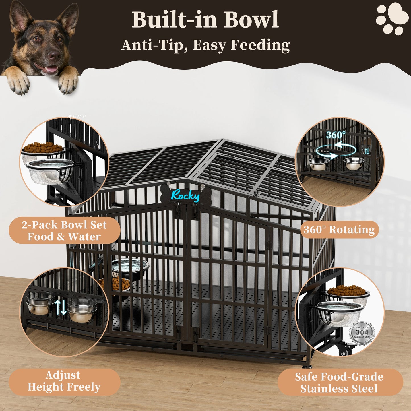 Heavy Duty Dog Crate Kennel With Lockable Wheels And Bowls