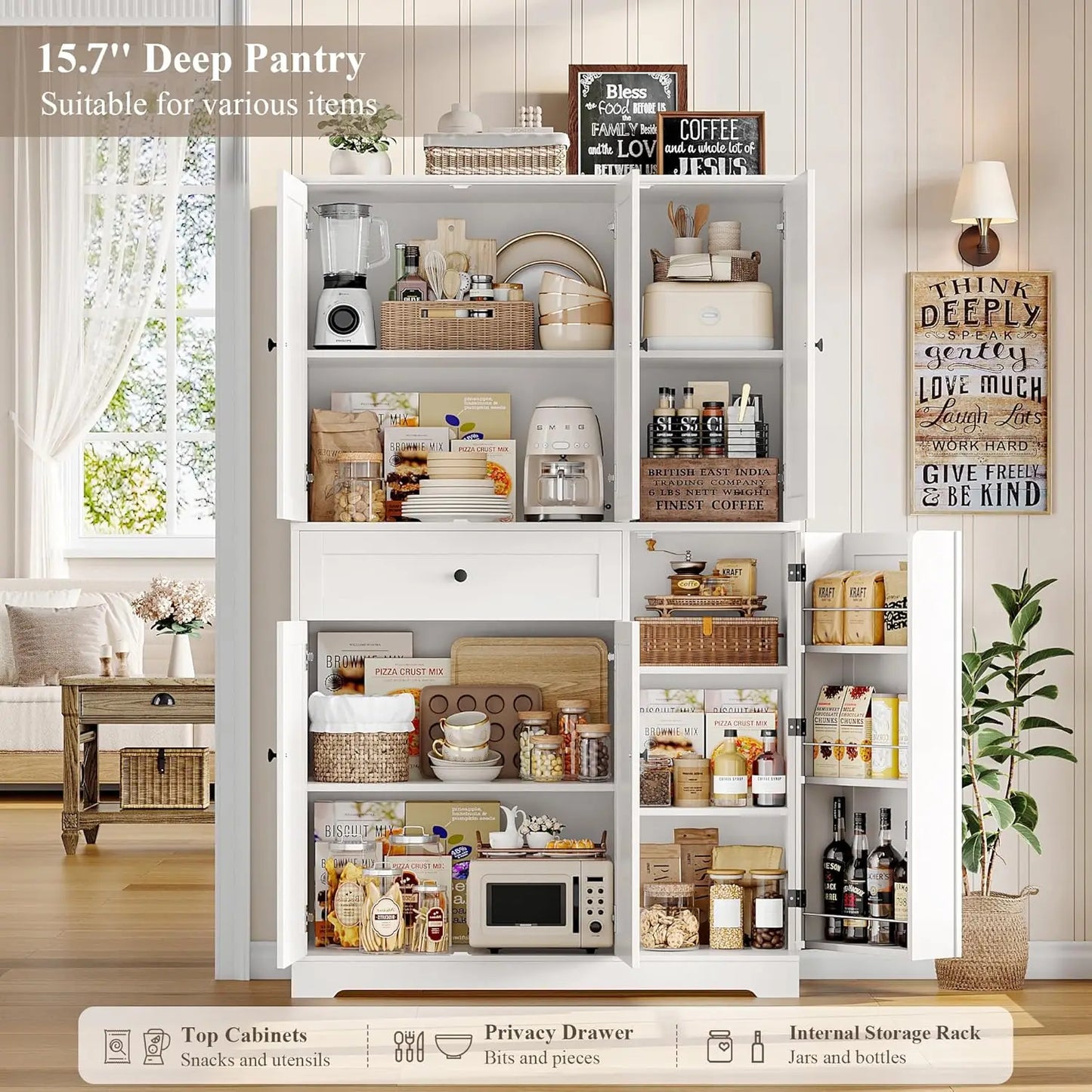HUANZHUANG Modern Kitchen Pantry Cabinet With Doors And Shelves