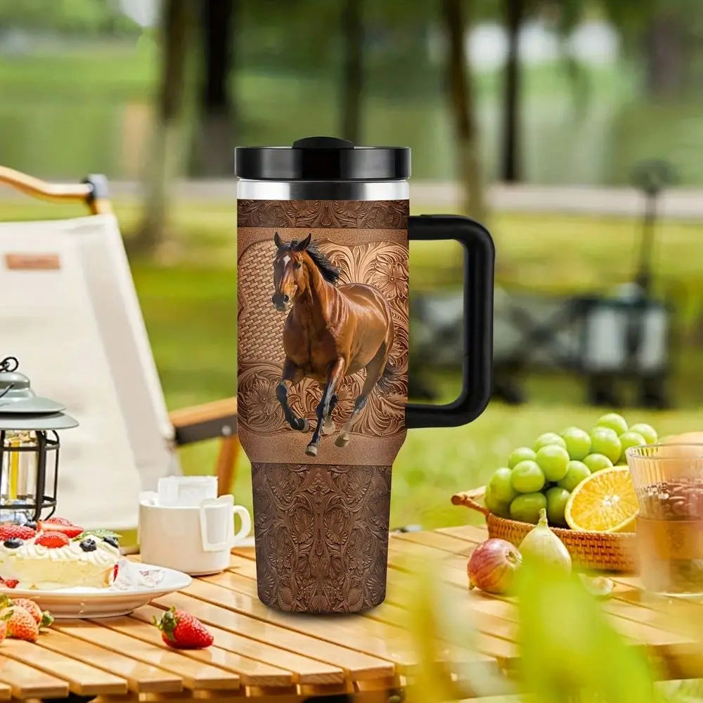 Horse Running Design Double Wall Insulated Cup Spill Proof Lid