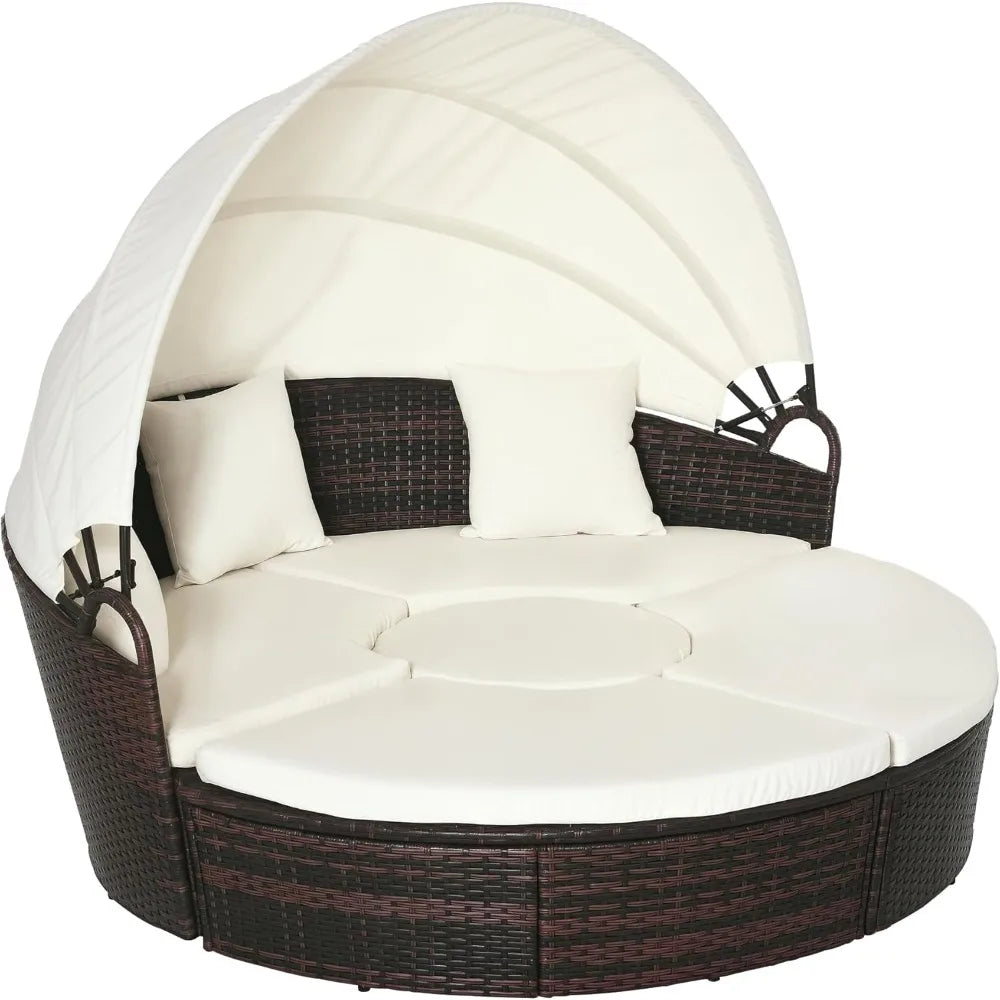 Outdoor Round Convertible Daybed Set With Cushions And Canopy In PE Rattan