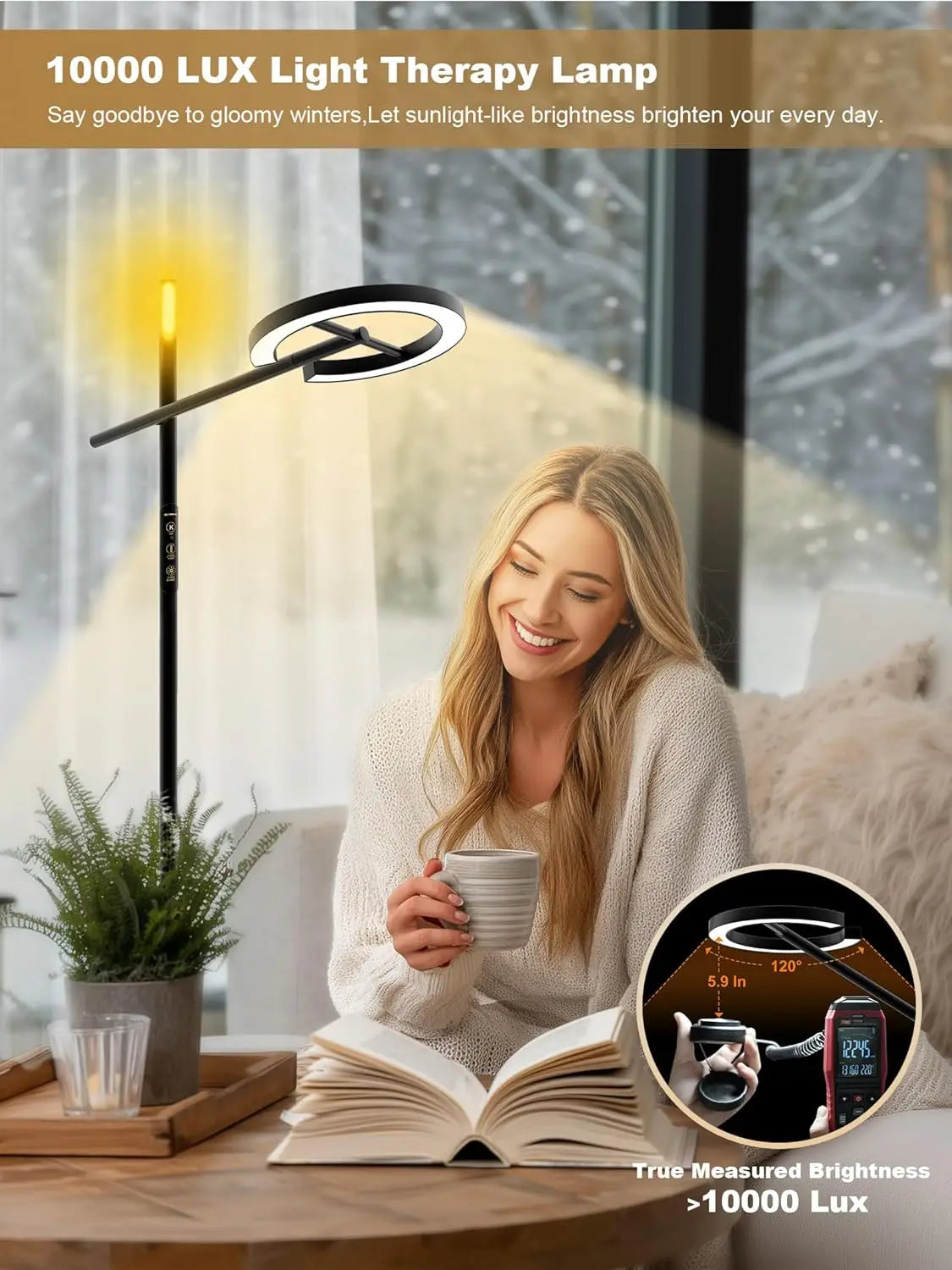 Smart Light Therapy Lamp 10000 Lux UV Free Sunlight Dimmable Floor Lamp