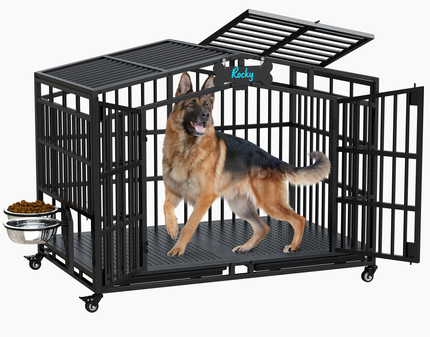 Heavy Duty Dog Crate Kennel With Lockable Wheels And Bowls