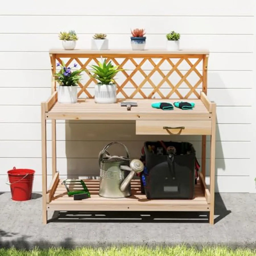 Outdoor Wood Potting Bench With 3 Tier Shelves And Drawer