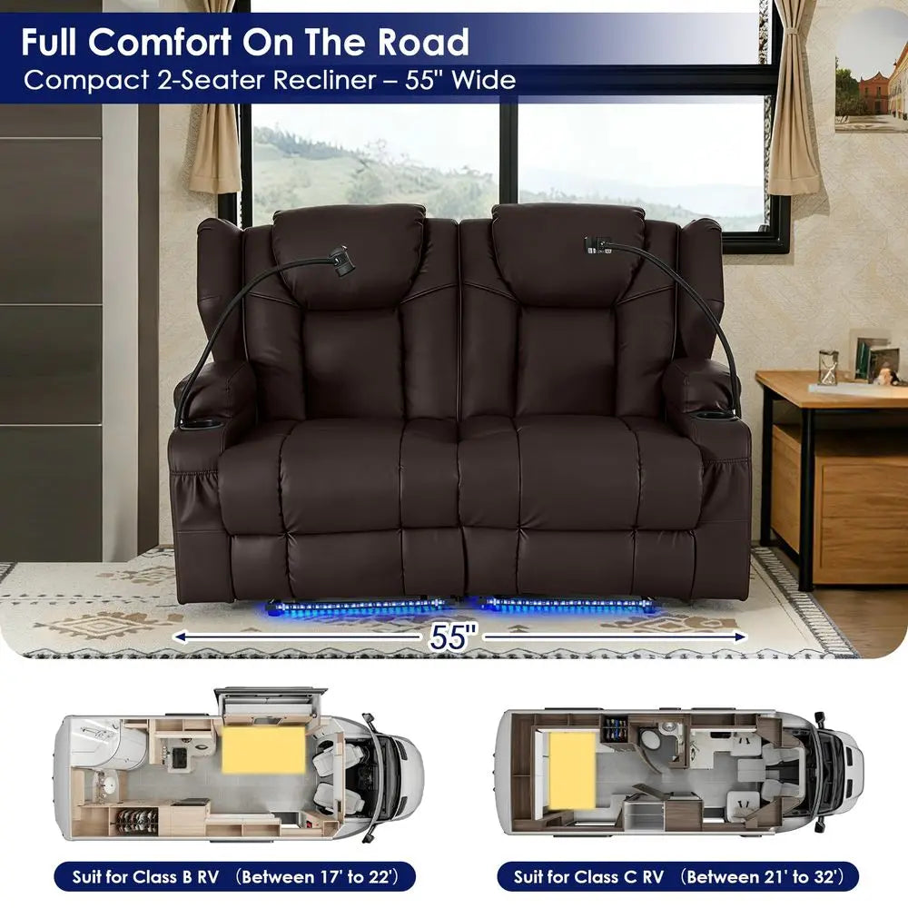 Power Reclining Dual Loveseat Sofa PU Leather With USB Ports
