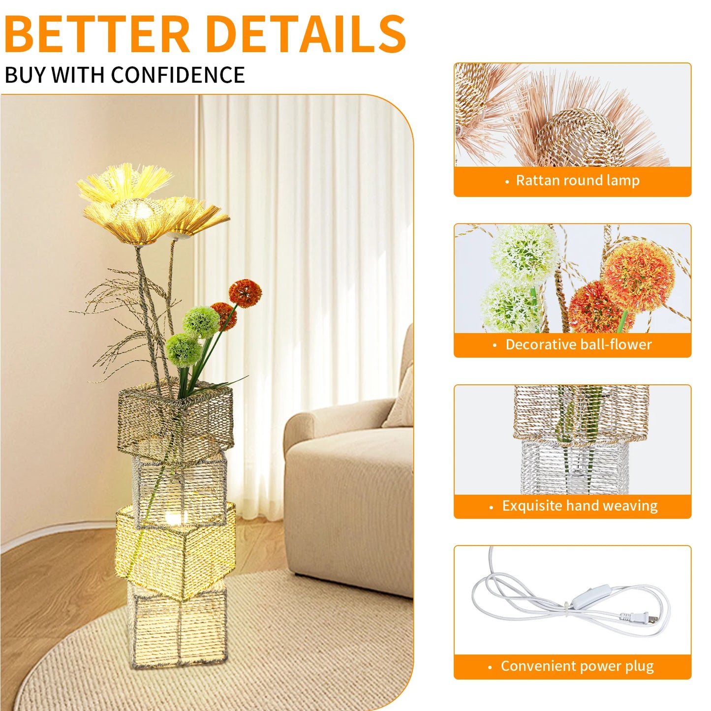Modern Rattan Floor Lamp Dimmable LED For Living Room