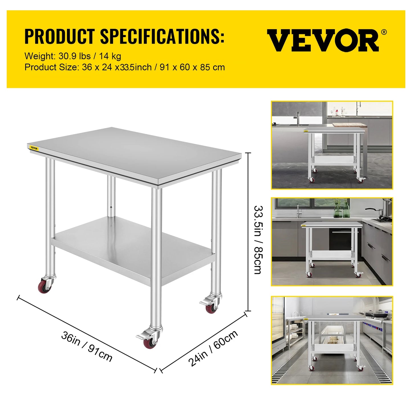 SucceBuy Stainless Steel Kitchen Work Table With Caster Wheels