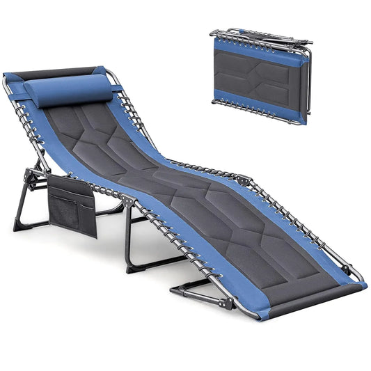 Foldable Padded Outdoor Chaise Lounge With Pillow And Side Pocket